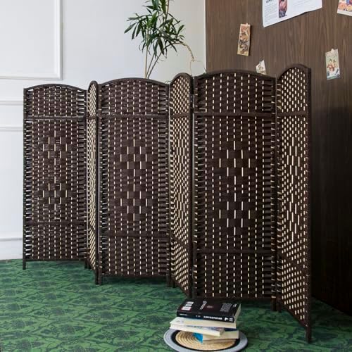 Furnnylane 6 Panel Dark Brown Rattan Room Divider, 47.2" Low Height Double-Sided Folding Privacy Screen, Freestanding Partition Wall for Home Office or Bedroom - Keeps Your Space Open & Airy by Furnnylane
