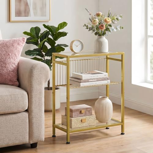 Glass Side Table, Tempered Glass End Table, 3-Tier Narrow Side Table with Magazine Holder, Small Nightstand with Modern Style, Skinny Snack Table in Living Room, Bedroom Study and Balcony, Gold - Image 2