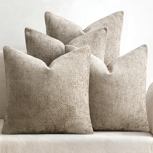 MIULEE Soft Decorative Chenille Pillow Covers Khaki 20x20 Pack of 4 by MIULEE