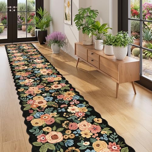 DUKINO 2x12 Washable Runner Rug, Floral Long Runner Rug for Hallway, Black - Image 3