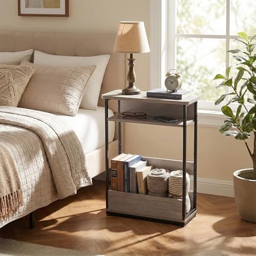 Narrow Side Table,3-Tier Slim End Table with Storage Shelf,Modern Sofa Table Thin Side Table for Narrow and Small Spaces, Skinny Bedside Table Small Nightstand with Magazine Rack Space Saving/Oak - Image 5