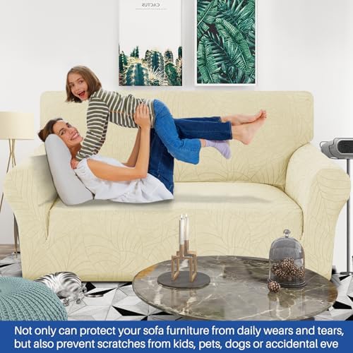 YEMYHOM Couch Cover Latest Jacquard Design High Stretch Sofa Covers for 2 Cushion Couch, Pet Dog Cat Proof Loveseat Slipcover Non Slip Elastic Furniture Protector (Medium, Begonia Leaf Beige) - Image 2