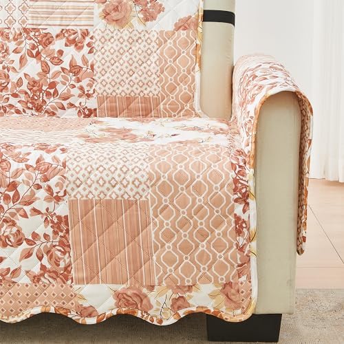 Great Bay Home Reversible Patchwork Sofa Cover - Washable Slipcover Furniture Protector with Elastic Straps - Perfect for Kids & Pets - Box-Stitched Detail (Dusty Rose) - Image 2