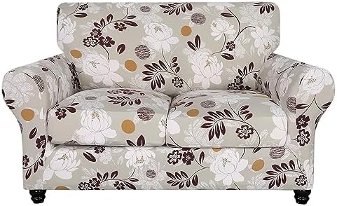 SearchI Stretch Sofa Cover Printed Couch Cover, Floral Pattern 3 Pieces Loveseat Slipcover with 2 Separate Cushion Cover, Washable Furniture Protector for Living Room(Loveseat, Brown Flowers) by SearchI