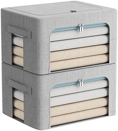 FHSQX 2 Pack Clothes Storage Bins Stackable Metal Frame Storage Box Foldable Linen Fabric Organizer with Carrying Handles and Clear Window (Light Gray, 15.7x 11.8x 7.8Inch) by FHSQX