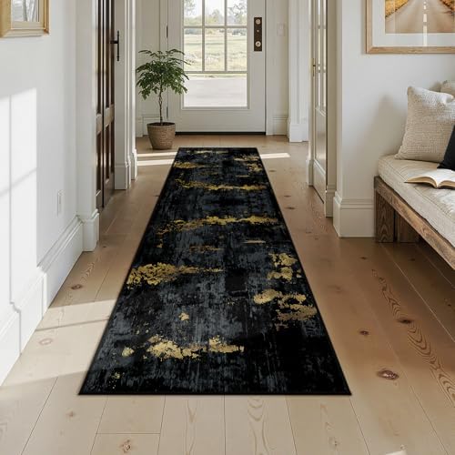 RELEANY Washable Runner 2'x9' Abstract Area Rug for Hallway Black Gold - Image 3