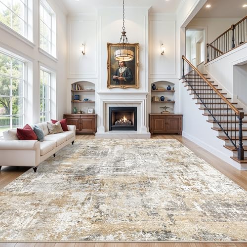 12x15 Area Rug for Living Room – Large Modern Neutral Abstract Thin Washable Carpet, Soft Low Pile Non-Slip Stain-Resistant for Bedroom Dining Room Home Office (Gold Grey) by ZHXXUJ