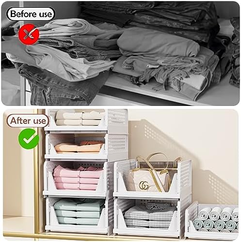 4 Pack Folding Closet Organizers Storage Box, Stackable Storage Bins, Plastic Drawer Basket Closet Storage for Wardrobe Cupboard Kitchen Bathroom Office White-4L - Image 5
