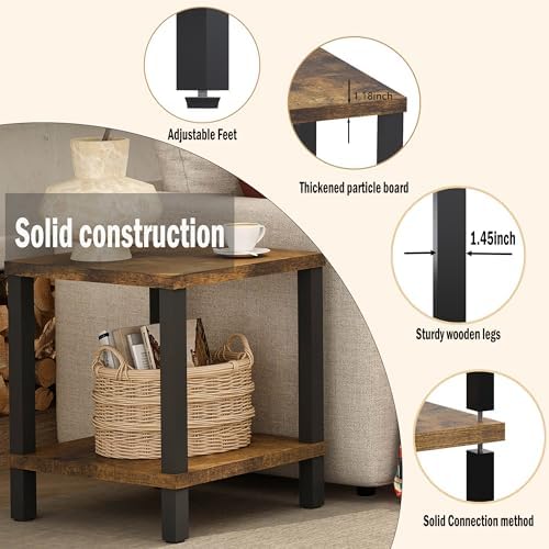 MMEOLUOOK Large End Table Square Side Table Modern Sofa Table 20 Inch Industrial Coffee Table NightStand with 2-Tier Storage Shelf for Living Room Bedroom Rustic Brown MLBZ06R - Image 4