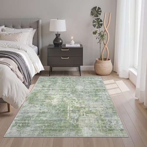 Soalmost Abstract 4x6 Area Rug Washable Rugs for Living Room, Green/Ivory - Image 3