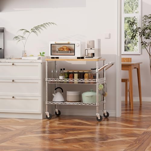 WDT 3 Tier Rolling Kitchen Carts with Wheels, Heavy Duty Rolling Utility Cart with Wood Tabletop, Commercial Grade Metal Cart with Handle and Hooks, NSF Storage Serving Island Carts, Light Wood+Metal - Image 2
