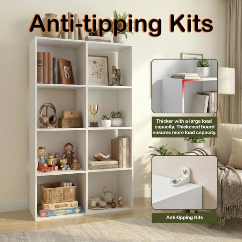 WannabeMyself【Sturdy Build&Easy Assembly】 8 Cube Storage Organizer with Anti-Tipping Kits,Reversible Open Back Book Shelf, Bookcase for Living Room,Bedroom,Entrance Hall,Office,24.1×11.4×47.7,White - Image 3