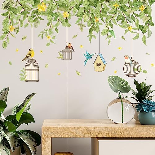 Hanging Green Vine Wall Decals,Succulent Plants Wisteria Floral Flowers Butterflies Birds Wall Stickers, Self-Adhesive Vinyl Removable Living Room Sofa TV Wall Decor - Image 4