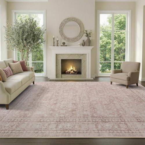 8x10 Ft Large Area Rugs for Living Room, Soft Non-Slip Machine Washable Rug, Vintage Stain Resistant Carpets for Bedroom Nursery Dining Room Home Decor (Grey Pink) - Image 2