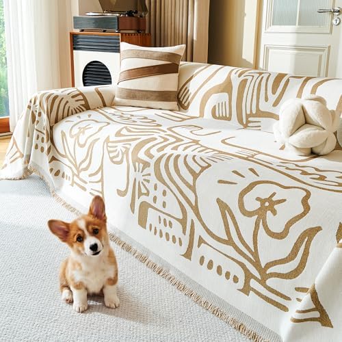 MYSKY HOME Couch Cover for Dogs, Washable Couch Covers, Sofa Covers for Sectional Sofa, Couch Cover 2 Cushion Sofa Dogs Furniture Protector, Chenille Sofa Covers for Pets, 71"x118", Abstract Khaki by MYSKYHOME