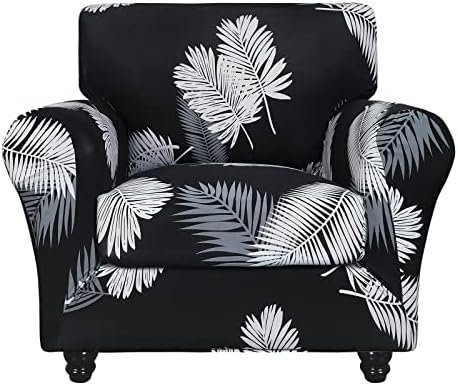 SearchI Stretch Sofa Cover Printed Couch Covers, Floral Pattern 2 Piece Armchair Slipcover with Separate Chair Cushion Cover, Washable Furniture Protector for Living Room(Armchair, Black+Palm Leaves) by SearchI