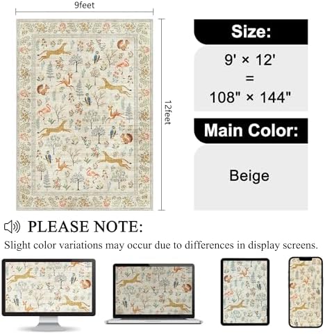 DUKINO 9x12 Area Rug for Living Room, Washable Animal Rug Non Slip, Beige - Image 2