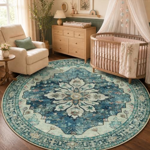RELEANY Washable Area Rug, Round 5ft, Blue/Vintage Dark Blue by RELEANY