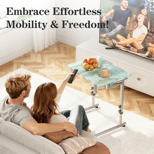 Folding Tv Tray Table,6 Height Adjustable Dinner Snack Slide Under Couch Side Table, Portable Foldable C-Shaped End Table for Eating with Sturdy MDF Top,No Assembly(Sea Blue+Silver) - Image 6
