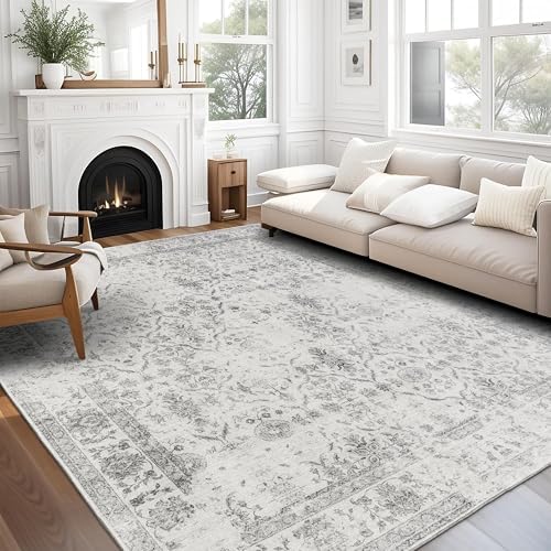 ReaLife Rugs Machine Washable Area Rug - Living Room Bedroom Bathroom Kitchen Entryway Office - Padded Low Pile Stain Resistant Premium - Boho Farmhouse Vintage - Noor - Ivory Grey 7'6" x 9'6" by ReaLifeRugs
