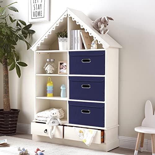 Linen Fabric Foldable Collapsible Storage Cube Bin Organizer Basket Fabric Storage Bins with Lid, Leather Handles, Removable Divider for Home, Closet,Navy Blue 3Pcs - Image 4