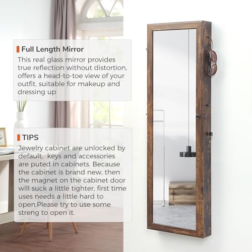 GISSAR Jewelry Mirror Armoire Wall Mount Over The Door Mirror Jewelry Cabinet Storage Mirror Organizer Lockable Full Length Door Mirror,Vintage Brown, GMJ2003V - Image 2