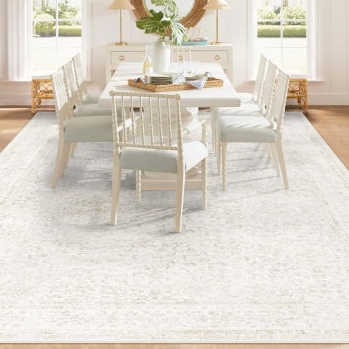 9x12 Area Rugs for Living Room: Washable Large Vintage Floral Rug Low Pile Non-Slip Boho Carpet for Bedroom Dining Home Office (Floral Beige, 9'x12') - Image 6
