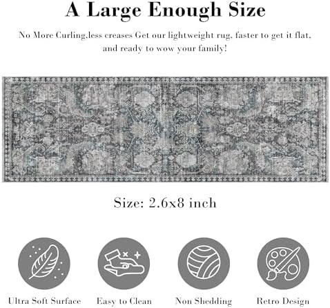 RUGSURE Washable Area Rugs - Perfect for Living Room, Bedroom, Kids Room, Nursery - Stain & Water Resistant Non-Slip, Pet & Child Friendly, Vintage Tribal Area Rugs (Grey and Bule, 2'6'' x 8') - Image 2