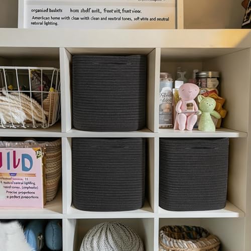 11x11x11 Cube Storage Bin - 3 Pack Woven Storage Cubes Organizer, 11 Inch Black Cotton Rope Baskets for Organizing, Square Baskets for Shelves, Nursery Closet Bins, Cubby Toy Box Organizer - Image 3