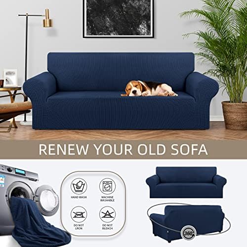 KEKUOU Stretch Couch Covers for Sofa, 3 Cushion Couch Slipcover,Navy Blue - Image 3