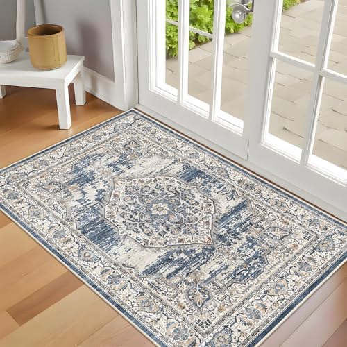 Washable Area Rugs 2x3 Entryway: Soft Ultra Thin Low Pile Mat Machine Washable Indoor Doormat Lightweight Entry Rug Anti Slip Backing Rugs for Living Room Bedroom Kitchen 2'x3' Blue - Image 2