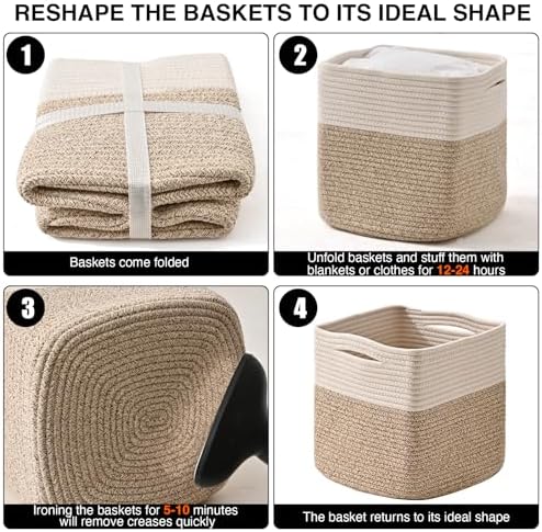 ICERZCZ 11 Inch Cube Storage Bins, Organizer Woven Cotton Rope Square Baskets for Organizing Shelves, Toys, Nursery, Off White & Brown (Pack of 3) - Image 7