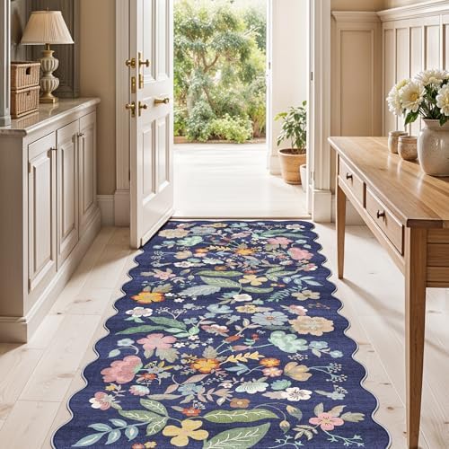 2x5 Washable Hallway Runner Rug: Stain Resistant Floral Scalloped Kitchen Rug Farmhouse Soft Carpet for Bathroom Bedroom Laudry Entryway Floor Mat with Non Slip Backing Cute Home Decor(2x5,Purple) - Image 4