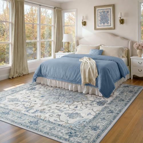 RELEANY Washable Area Rug, Square 8'x8', Blue/White/Gray - Image 4