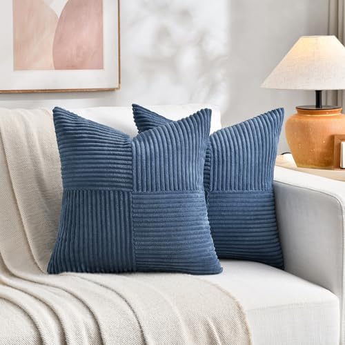 Fancy Homi 2 Packs Dusty Blue Samll Decorative Throw Pillow Covers 14x14 Inch with for Couch Bed Sofa, Rustic Farmhouse Boho Home Decor, Soft Corss Patchwork Corduroy Square Cushion Case 35x35 cm - Image 5