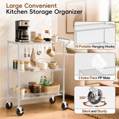 3-Tier Kitchen Storage Cart with Wheels, Rolling Utility Cart - Image 4