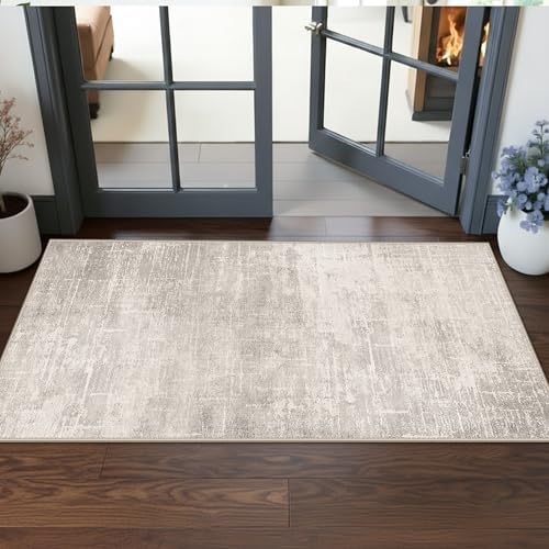 Washable 2x5 Kitchen Runner Rug: Abstract Water Resistant Sink Stove Entryway Rug Soft Living Room Bedroom Beside Carpet Thin Low Pile Non-Slip Hallway Bathroom Laundry Room Floor Mat(2X5,Beige/Cream) by HYHAOYUNLAI