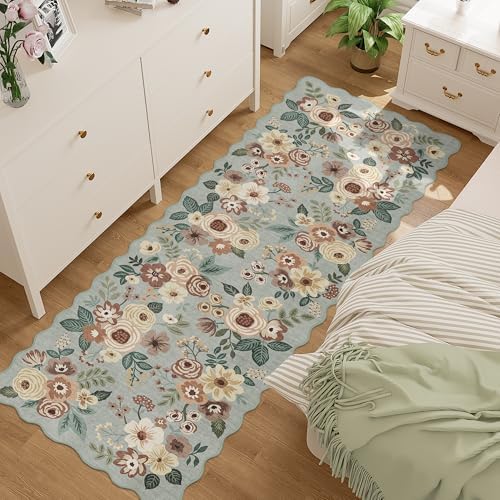 DUKINO 2.6x8 Runner Rug, Floral Washable Kitchens Rug Non Slip, Sage Green - Image 3