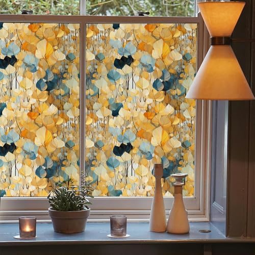 Boho Yellow Blue Ginko Leaf Stained Glass Window Films Decorative Double-Side Privacy Film Self-Adhesive Static Window Clings for Living Room Bathroom Windows Decor - Image 3