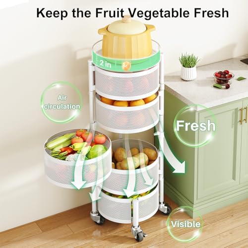 SAYZH 5 Tier Fruit Vegetable Basket Stand for Kitchen, Rotating, White - Image 3