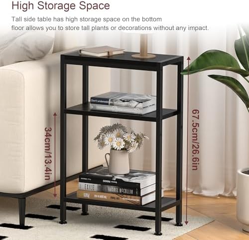 Narrow Side Table Set of 2 for Small Space, 3 Tier Slim End Table, Thin Nightstand, Skinny Snack Couch Table, Sofa Bedside Table in Living Room, Bedroom, Study, Kitchen and Balcony (Black) - Image 3