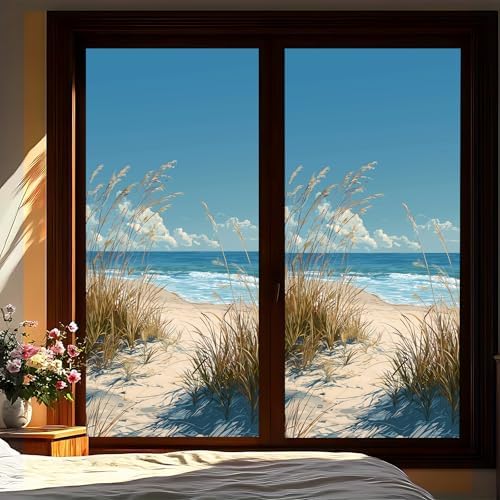 Ocean Scene Window Privacy Film, Decorative Static Cling Window Cling Crystal Pattern, Removable No Glue Window Film 39.3 x 17.5 Inch for Bathroom Bedroom Glass Door by KKYEJLQYI