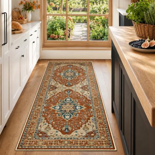 RELEANY Washable Area Rug, Runner 2'x6', Red/Orange/Blue/Brown by RELEANY