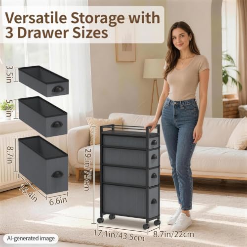 LASZOLA Narrow Cabinet Slim Storage Cart for Bathroom Small Space, Gray - Image 2
