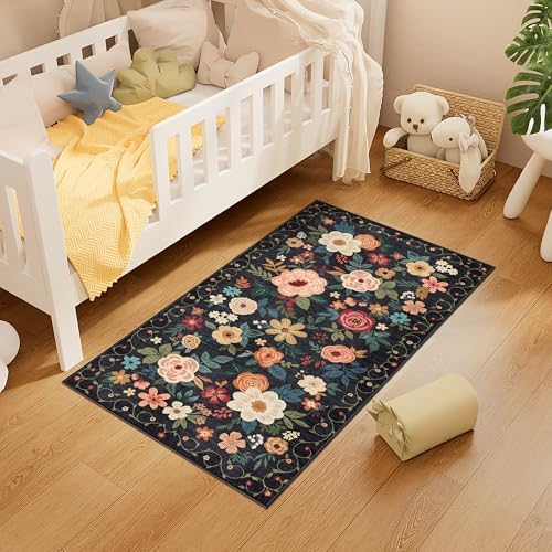 DUKINO 2x4 Entryway Rug, Floral Washable Kitchen Rugs Non Slip, Black - Image 4