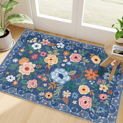 DUKINO 2x3 Entryway Rug, Floral Door Mat Soft Washable Rug Non Slip, Blue by DUKINO
