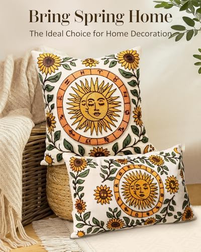 Embroidered Throw Pillow Cover 20x20 Inch, Sunflower Moon - Image 5