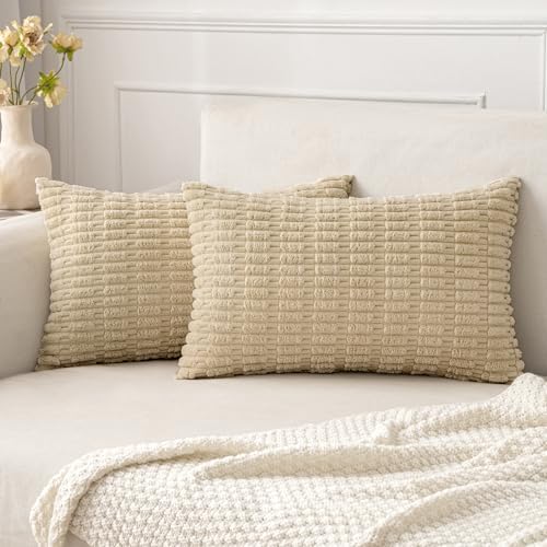 MIULEE Lumbar Corduroy Decorative Throw Pillow Covers 12x20 Tan Pack of 2 by MIULEE