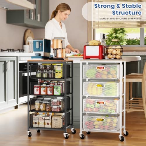 Goovilla Kitchen Cart with Drawers, Lockable Wheels with Wooden Top, White - Image 2