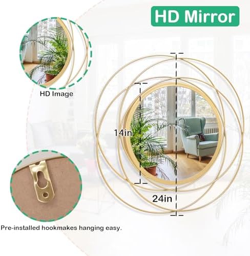 Gold Circle Mirror Wall Decorative Metal Wall Mirror, Art Small Round Wall Home Mirror, Decor Living Room Bedroom Bathroom Entryway 24" x 24" - Image 7